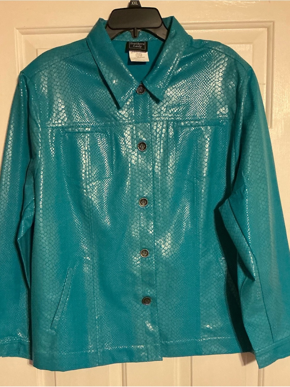 Southern Lady Teal Faux-Snakeskin Button Front Jacket 20W
